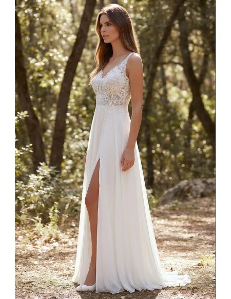 Boho Lace Bodice Wedding Dress with Leg Slit for Outdoor Forest Ceremonies