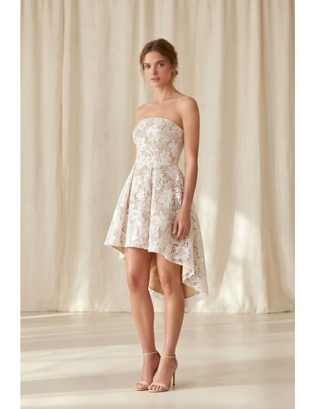 Strapless Lace High-Low Wedding Dress for Modern Courthouse or City Hall Brides