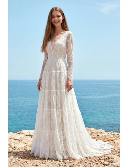 Boho Lace Long-Sleeve A-Line Wedding Dress with Deep V Neck for Beach Ceremonies
