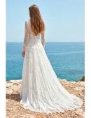 Boho Lace Long-Sleeve A-Line Wedding Dress with Deep V Neck for Beach Ceremonies