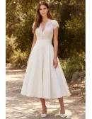 Vintage Lace Cap-Sleeve Tea-Length Wedding Dress for Outdoor Garden Ceremonies