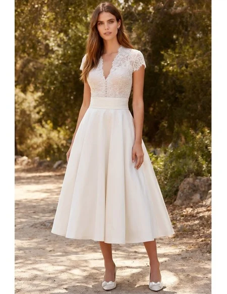 Vintage Lace Cap-Sleeve Tea-Length Wedding Dress for Outdoor Garden Ceremonies