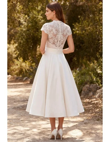 Vintage Lace Cap-Sleeve Tea-Length Wedding Dress for Outdoor Garden Ceremonies