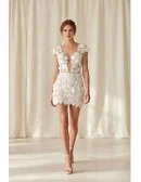Floral Lace Mini Wedding Dress with Deep V Neck for Courthouse or Reception Brides