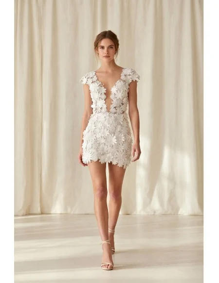 Floral Lace Mini Wedding Dress with Deep V Neck for Courthouse or Reception Brides