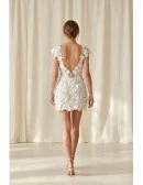 Floral Lace Mini Wedding Dress with Deep V Neck for Courthouse or Reception Brides