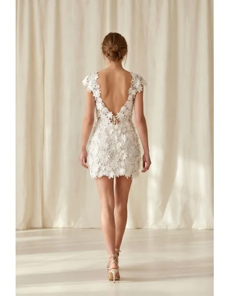 Floral Lace Mini Wedding Dress with Deep V Neck for Courthouse or Reception Brides