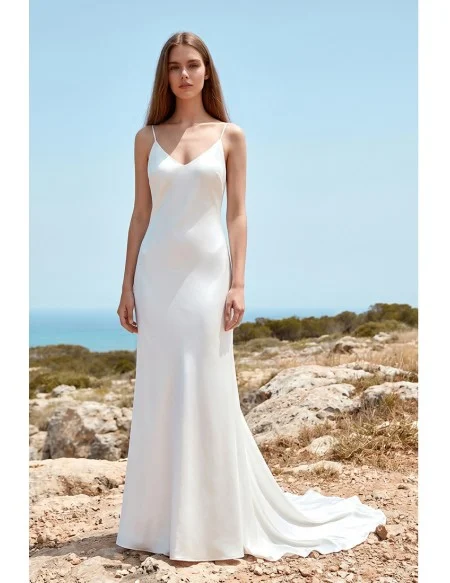 Minimalist Satin Slip Wedding Dress with Open Back for Modern Beach Ceremonies