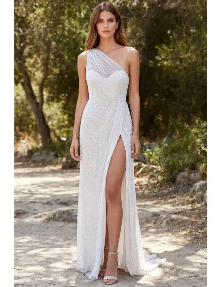 One-Shoulder Beaded Wedding Dress with Slit for Modern Outdoor Ceremonies