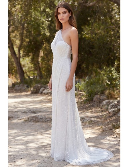 One-Shoulder Beaded Wedding Dress with Slit for Modern Outdoor Ceremonies