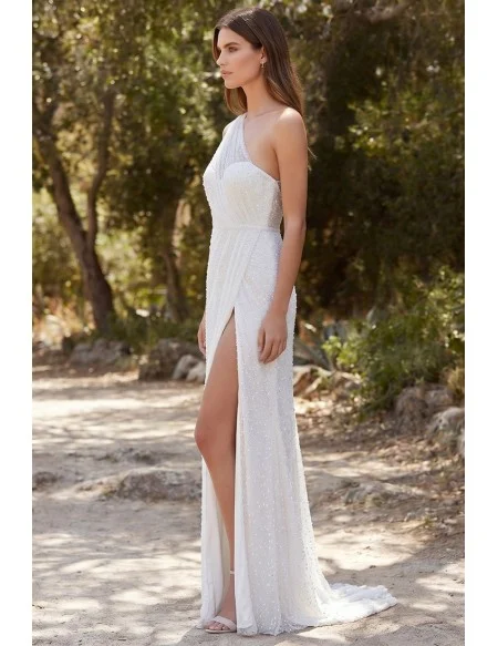 One-Shoulder Beaded Wedding Dress with Slit for Modern Outdoor Ceremonies