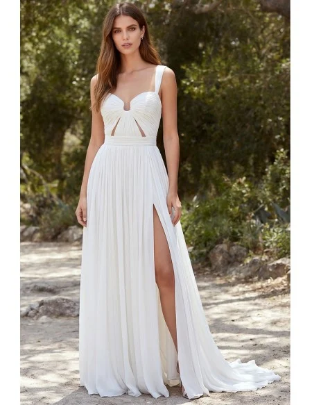 Boho Chiffon Wedding Dress with Front Slit and Cutout Bodice for Beach Ceremonies