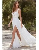 Boho Chiffon Wedding Dress with Front Slit and Cutout Bodice for Beach Ceremonies