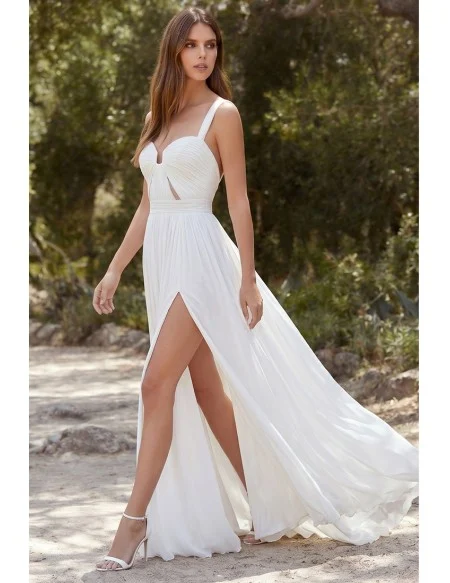 Boho Chiffon Wedding Dress with Front Slit and Cutout Bodice for Beach Ceremonies