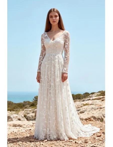 Lace Long-Sleeve A-Line Wedding Dress with Low Back for Outdoor Beach Ceremonies