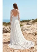 Lace Long-Sleeve A-Line Wedding Dress with Low Back for Outdoor Beach Ceremonies