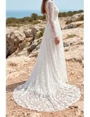 Lace Long-Sleeve A-Line Wedding Dress with Low Back for Outdoor Beach Ceremonies