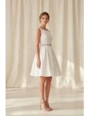 Short Satin A-Line Wedding Dress with Beaded Waist for Courthouse Ceremonies