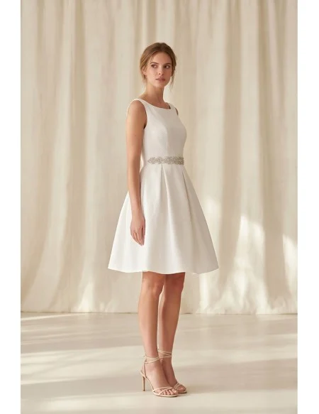 Short Satin A-Line Wedding Dress with Beaded Waist for Courthouse Ceremonies