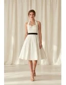 Vintage Halter Satin Tea-Length Wedding Dress with Black Belt for Courthouse Ceremonies