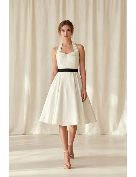 Vintage Halter Satin Tea-Length Wedding Dress with Black Belt for Courthouse Ceremonies