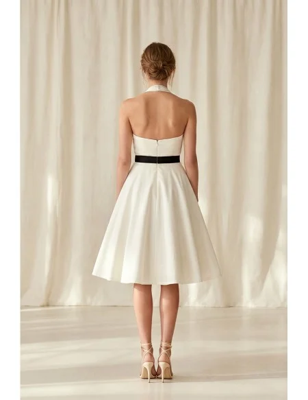 Vintage Halter Satin Tea-Length Wedding Dress with Black Belt for Courthouse Ceremonies