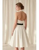 Vintage Halter Satin Tea-Length Wedding Dress with Black Belt for Courthouse Ceremonies