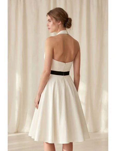 Vintage Halter Satin Tea-Length Wedding Dress with Black Belt for Courthouse Ceremonies