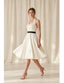 Vintage Halter Satin Tea-Length Wedding Dress with Black Belt for Courthouse Ceremonies