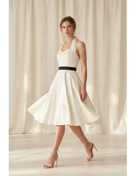 Vintage Halter Satin Tea-Length Wedding Dress with Black Belt for Courthouse Ceremonies