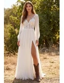Boho Long Sleeve Lace Wedding Dress with Leg Slit for Outdoor Rustic Ceremonies