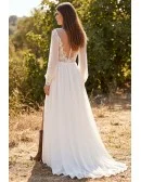 Boho Long Sleeve Lace Wedding Dress with Leg Slit for Outdoor Rustic Ceremonies