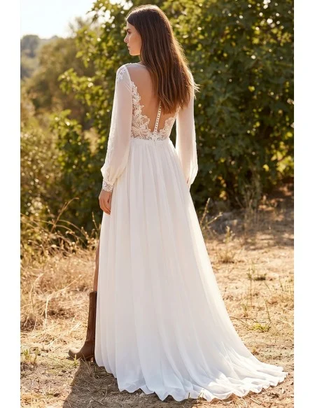 Boho Long Sleeve Lace Wedding Dress with Leg Slit for Outdoor Rustic Ceremonies