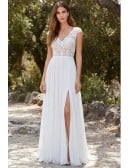 Boho Lace Bodice Wedding Dress with Front Slit for Outdoor Summer Ceremonies