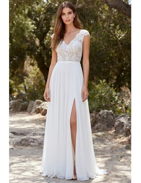 Boho Lace Bodice Wedding Dress with Front Slit for Outdoor Summer Ceremonies