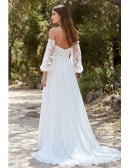 Off-Shoulder Chiffon Wedding Dress with Lace Sleeves and Slit for Outdoor Ceremonies