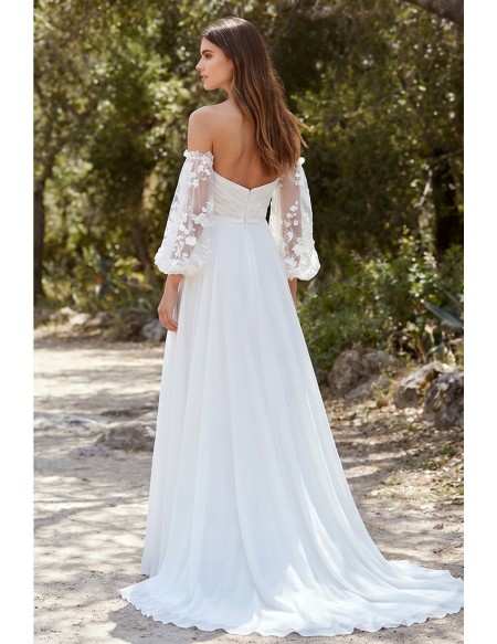 Off-Shoulder Chiffon Wedding Dress with Lace Sleeves and Slit for Outdoor Ceremonies