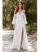 Off-Shoulder Chiffon Wedding Dress with Lace Sleeves and Slit for Outdoor Ceremonies