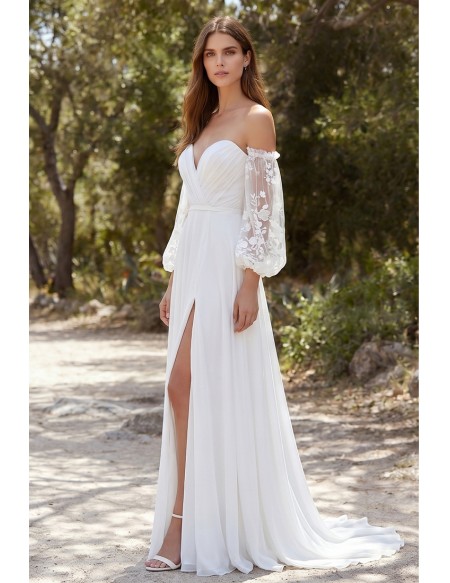 Off-Shoulder Chiffon Wedding Dress with Lace Sleeves and Slit for Outdoor Ceremonies