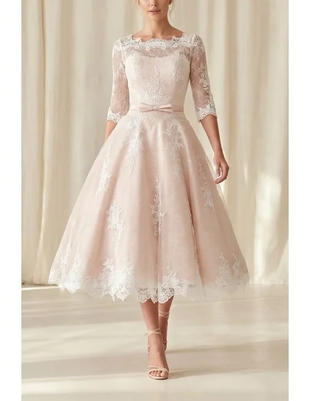 Vintage Tea-Length Lace Wedding Dress with Illusion Sleeves for Courthouse Ceremonies