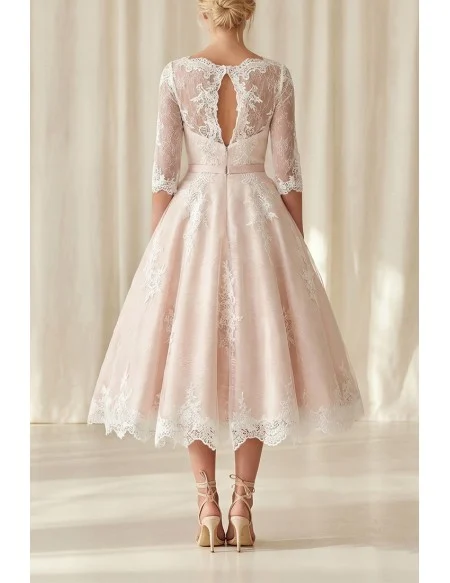Vintage Tea-Length Lace Wedding Dress with Illusion Sleeves for Courthouse Ceremonies