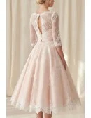 Vintage Tea-Length Lace Wedding Dress with Illusion Sleeves for Courthouse Ceremonies