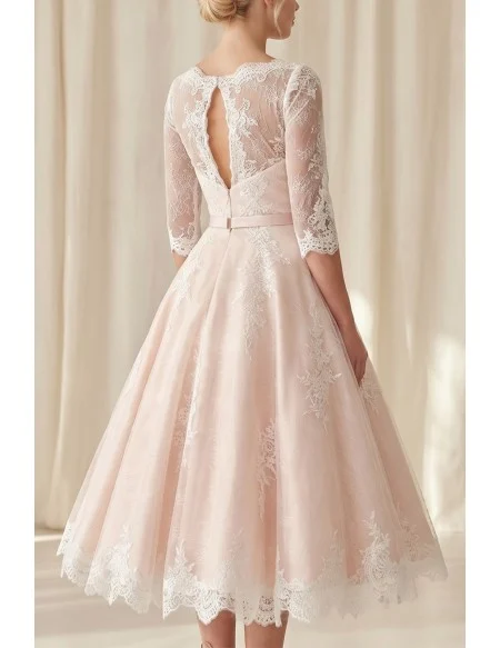 Vintage Tea-Length Lace Wedding Dress with Illusion Sleeves for Courthouse Ceremonies