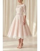 Vintage Tea-Length Lace Wedding Dress with Illusion Sleeves for Courthouse Ceremonies