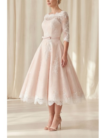 Vintage Tea-Length Lace Wedding Dress with Illusion Sleeves for Courthouse Ceremonies