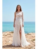 One-Shoulder Lace Wedding Dress with Side Slit for Modern Beach Ceremonies