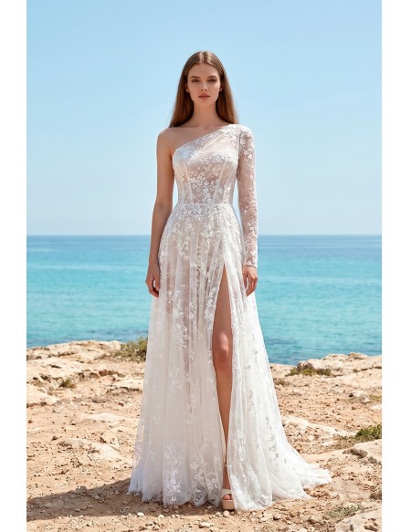 One-Shoulder Lace Wedding Dress with Side Slit for Modern Beach Ceremonies