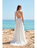 One-Shoulder Lace Wedding Dress with Side Slit for Modern Beach Ceremonies