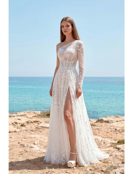 One-Shoulder Lace Wedding Dress with Side Slit for Modern Beach Ceremonies