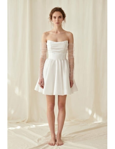 Short Satin Off-Shoulder Wedding Dress with Sheer Sleeves for Courthouse Ceremonies